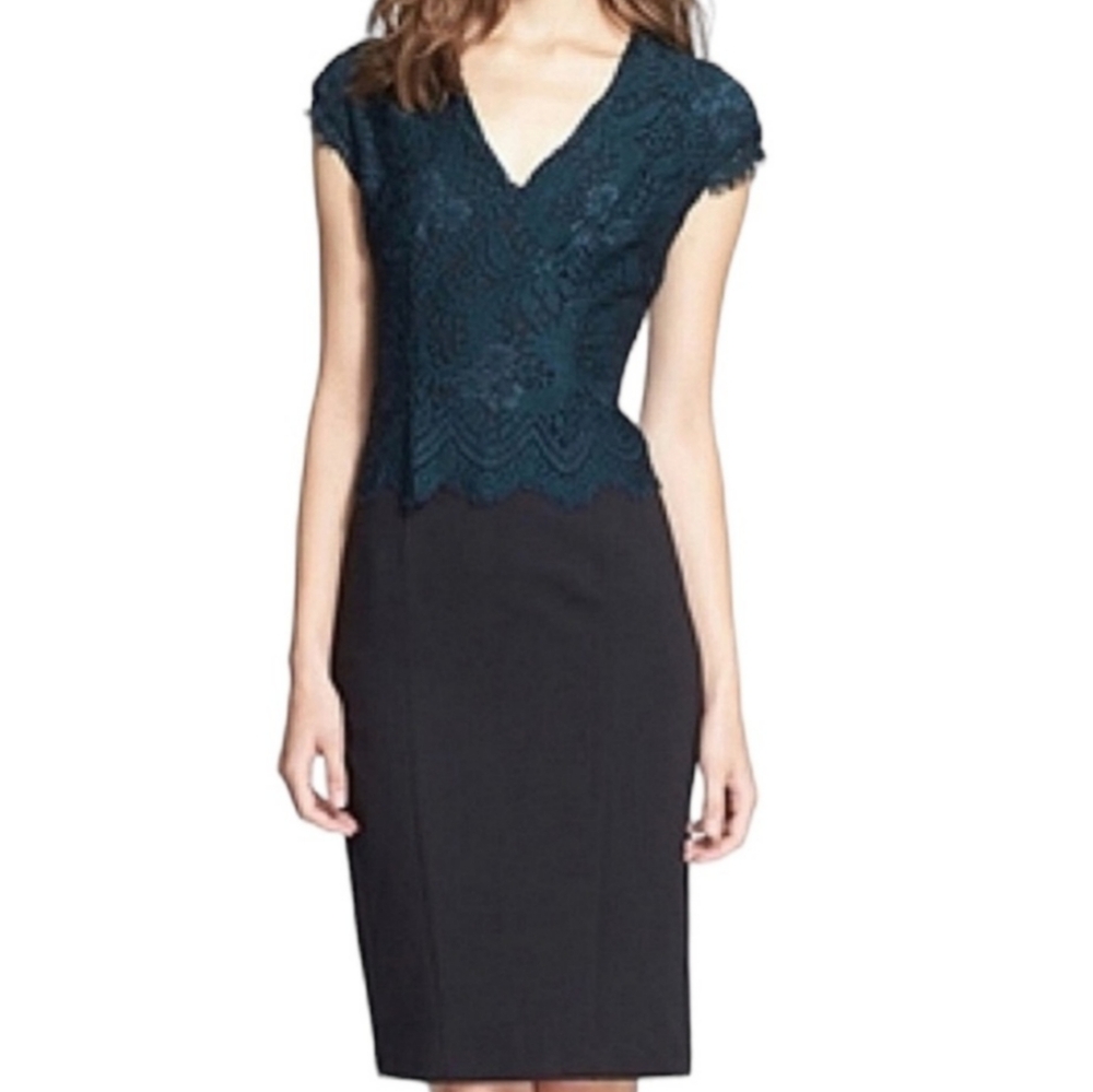 Ted Baker Sarvani V-Neck Lace Bodice Sheath Dress - Green Black - Size 4 (US 10)